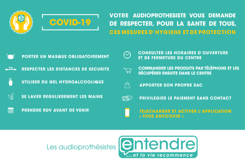 Votre audioprothésiste vous demande de respecter, pour la santé de tous, ces mesures d’hygiène et de protection